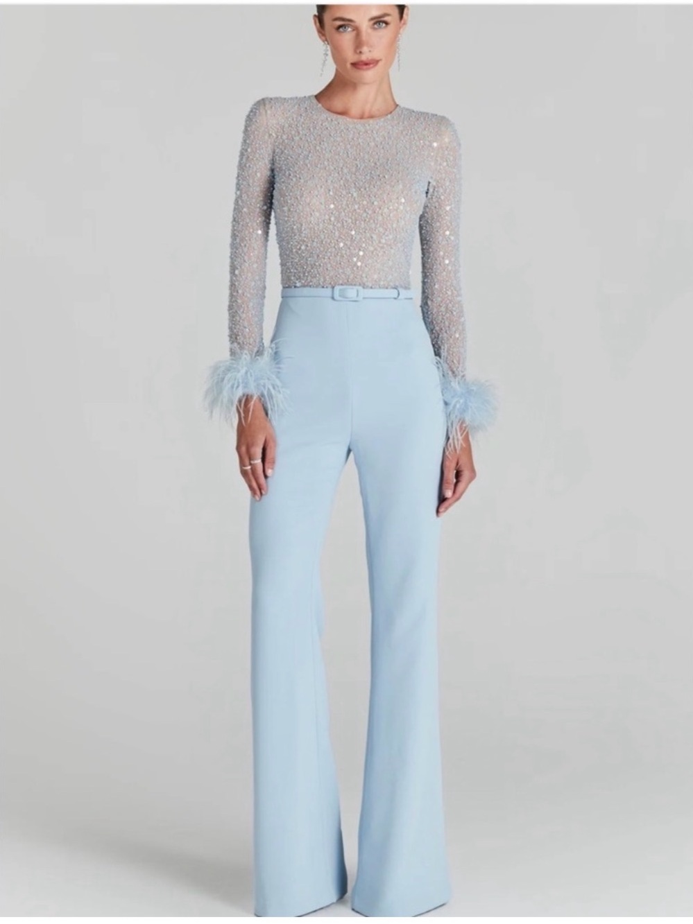 Light Blue Feather-Cuff Jumpsuit